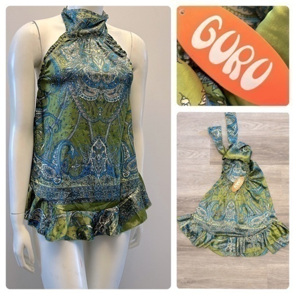 NWT GURU sleeveless boho blouse top with ruffle hem and tie neck. Silky material